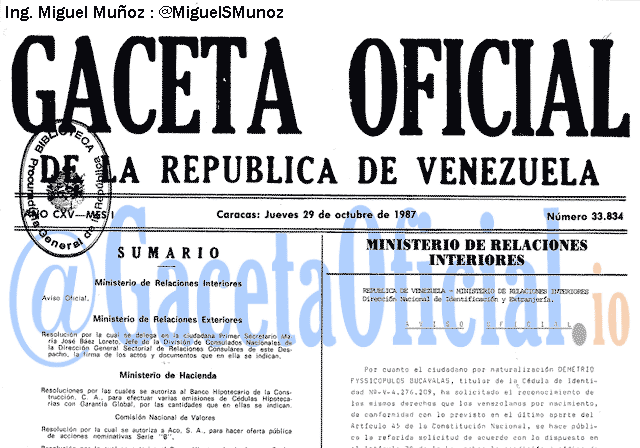 Gaceta Oficial 33834 del 29 Octubre 1987