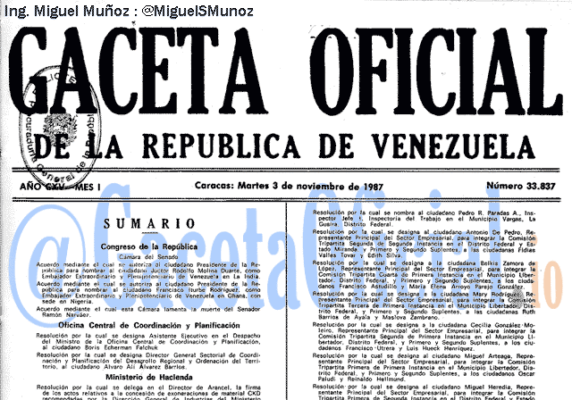 Gaceta Oficial 33837 del 3 Noviembre 1987