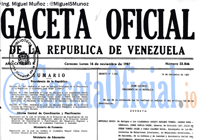 Gaceta Oficial 33846 del 16 Noviembre 1987