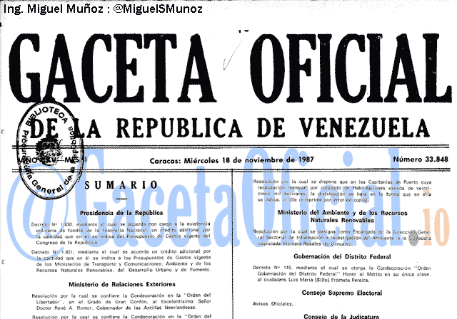 Gaceta Oficial 33848 del 18 Noviembre 1987
