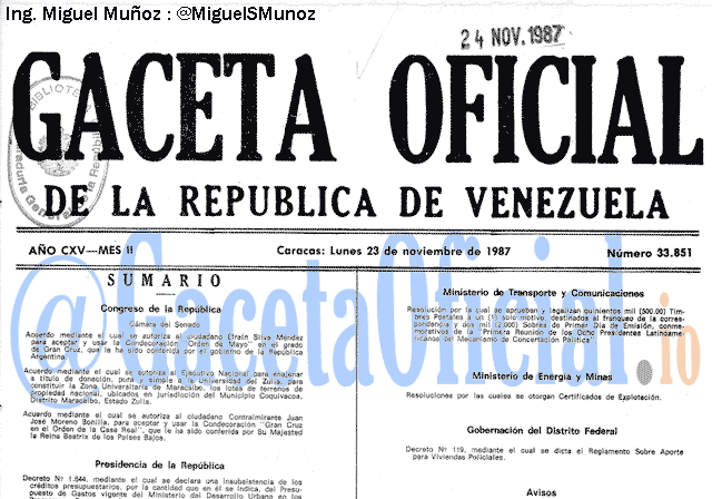 Gaceta Oficial 33851 del 23 Noviembre 1987