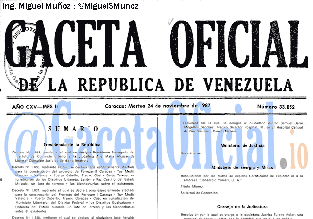 Gaceta Oficial 33852 del 24 Noviembre 1987