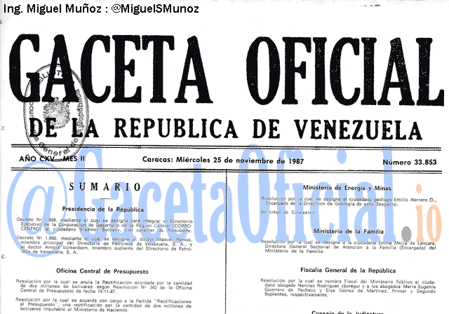 Gaceta Oficial 33853 del 25 Noviembre 1987