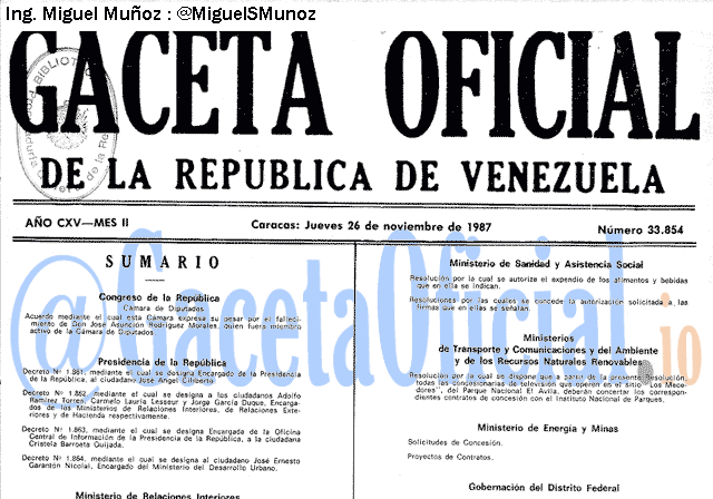 Gaceta Oficial 33854 del 26 Noviembre 1987
