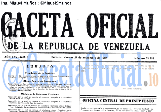 Gaceta Oficial 33855 del 27 Noviembre 1987