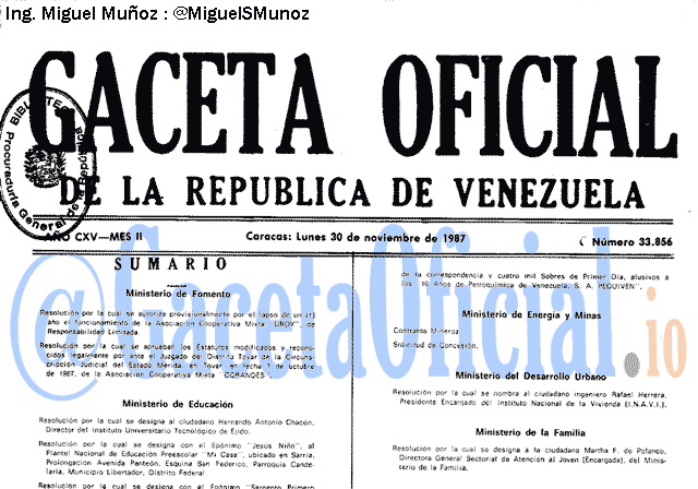 Gaceta Oficial 33856 del 30 Noviembre 1987