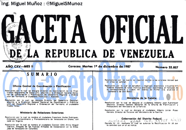 Gaceta Oficial 33857 del 1 Diciembre 1987