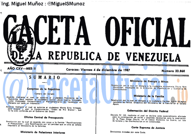 Gaceta Oficial 33860 del 4 Diciembre 1987