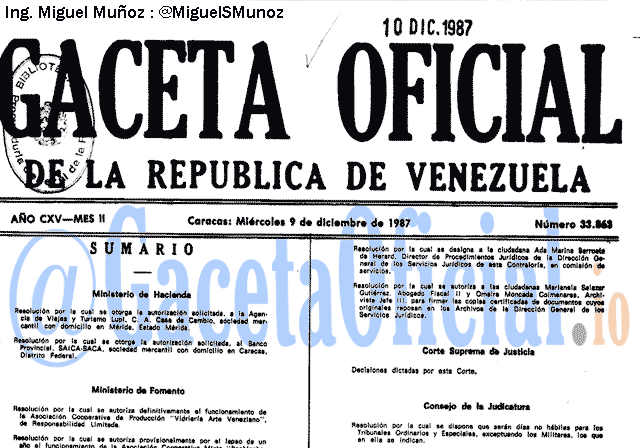 Gaceta Oficial 33863 del 9 Diciembre 1987