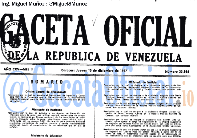 Gaceta Oficial 33864 del 10 Diciembre 1987