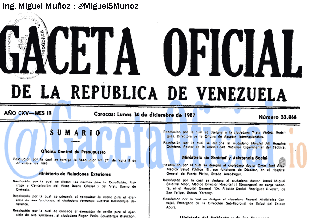Gaceta Oficial 33866 del 14 Diciembre 1987