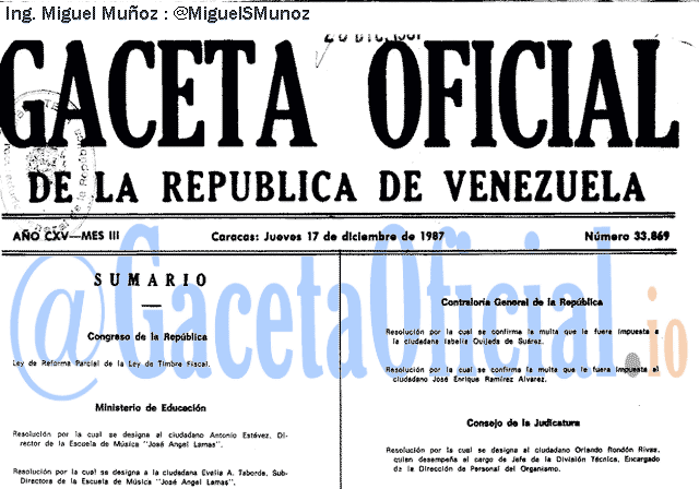 Gaceta Oficial 33869 del 17 Diciembre 1987