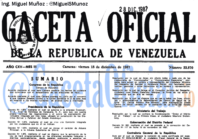 Gaceta Oficial 33870 del 18 Diciembre 1987
