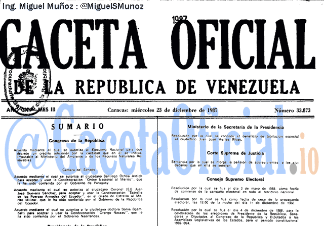 Gaceta Oficial 33873 del 23 Diciembre 1987