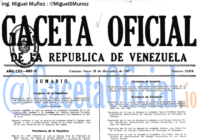 Gaceta Oficial 33874 del 24 Diciembre 1987