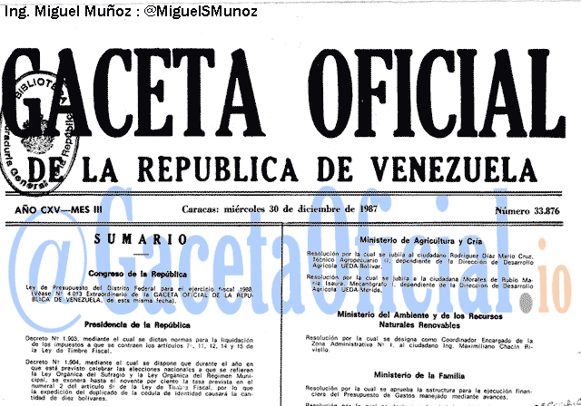 Gaceta Oficial 33876 del 30 Diciembre 1987