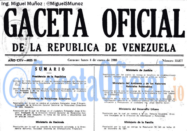 Gaceta Oficial 33877 del 4 Enero 1988