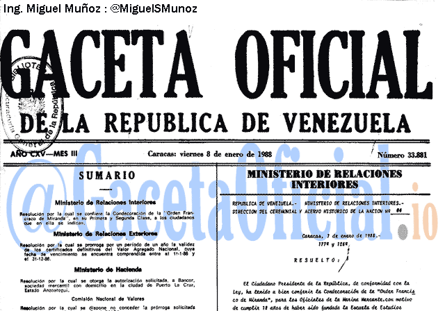 Gaceta Oficial 33881 del 8 Enero 1988