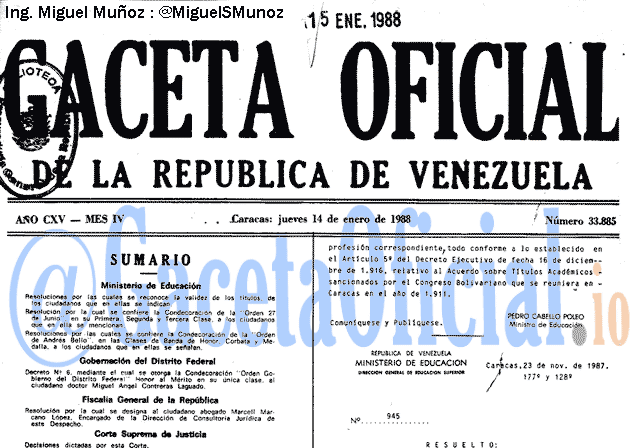 Gaceta Oficial 33885 del 14 Enero 1988