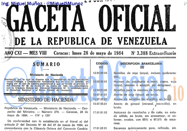 Gaceta Oficial 3388 del 28 Mayo 1984