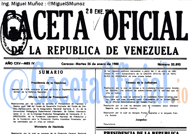 Gaceta Oficial 33893 del 26 Enero 1988