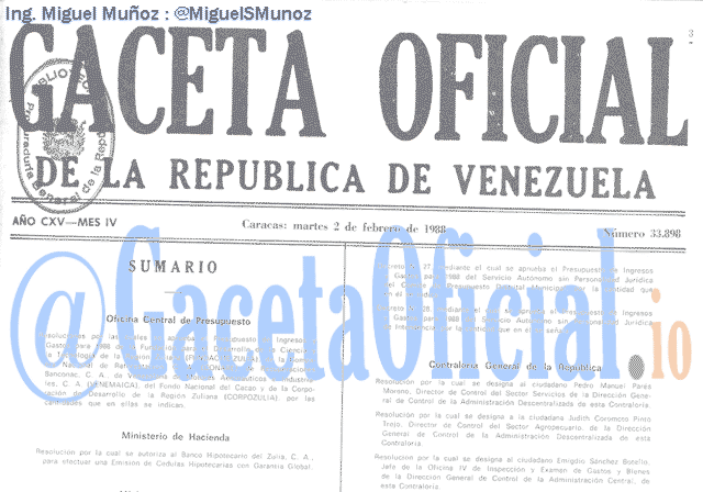 Gaceta Oficial 33898 del 2 Febrero 1988