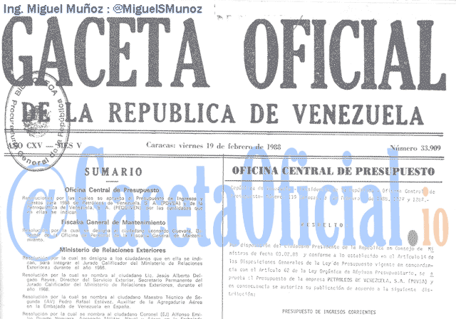 Gaceta Oficial 33909 del 19 Febrero 1988