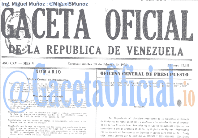 Gaceta Oficial 33911 del 23 Febrero 1988