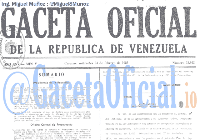 Gaceta Oficial 33912 del 24 Febrero 1988