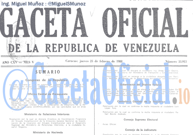 Gaceta Oficial 33913 del 25 Febrero 1988