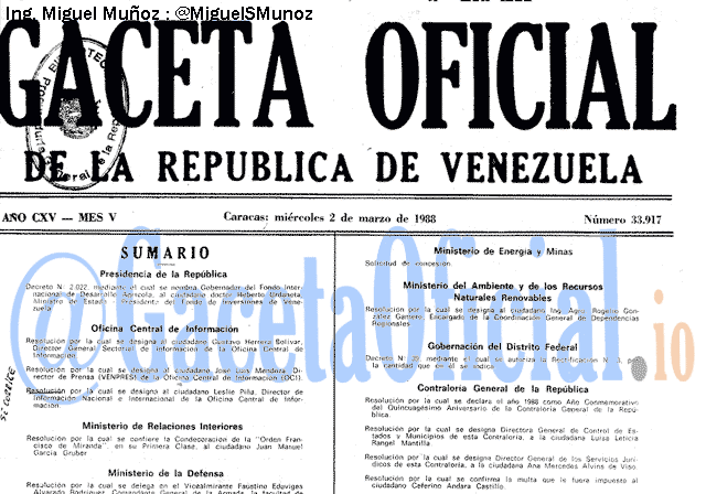 Gaceta Oficial 33917 del 2 Marzo 1988
