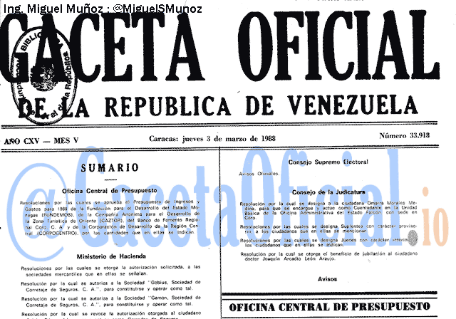 Gaceta Oficial 33918 del 3 Marzo 1988