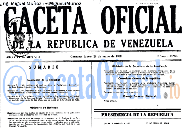 Gaceta Oficial 33974 del 26 Mayo 1988