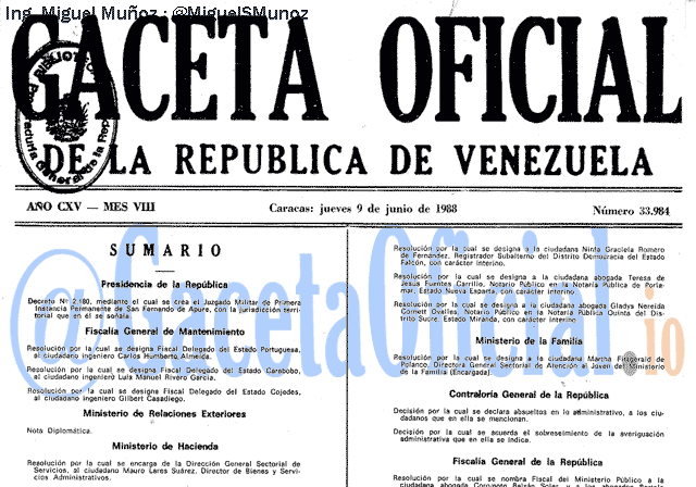 Gaceta Oficial 33984 del 9 Junio 1988