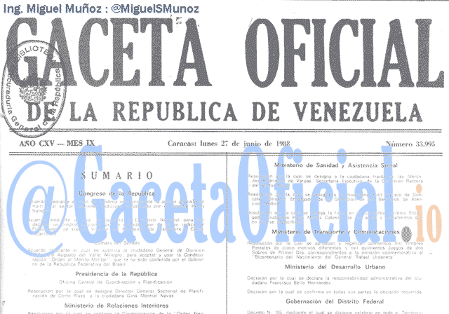 Gaceta Oficial 33995 del 27 Junio 1988