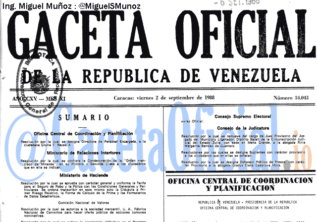 Gaceta Oficial 34043 del 2 Septiembre 1988