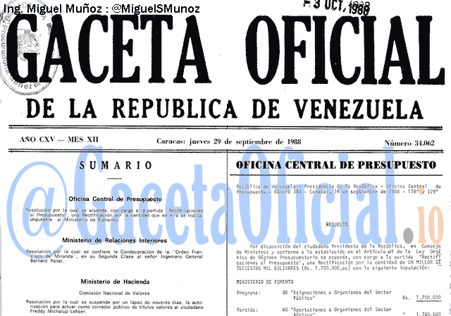 Gaceta Oficial 34062 del 29 Septiembre 1988