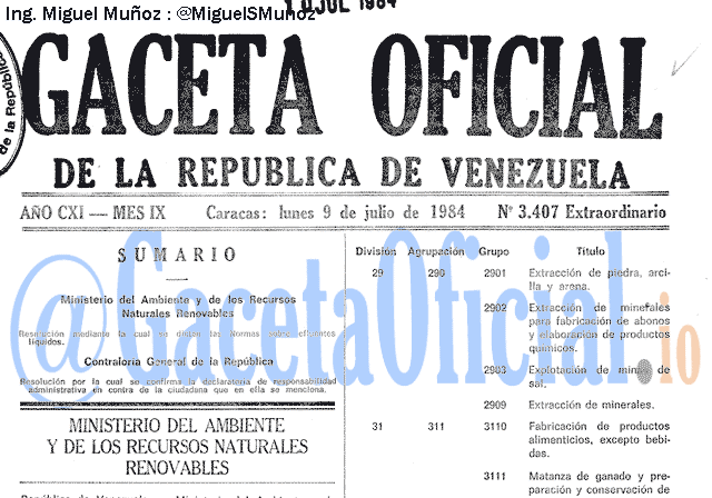 Gaceta Oficial 3407 del 9 Julio 1984
