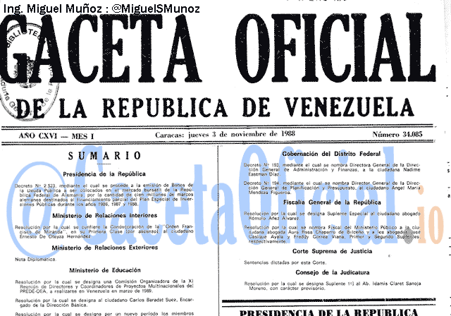 Gaceta Oficial 34085 del 3 Noviembre 1988
