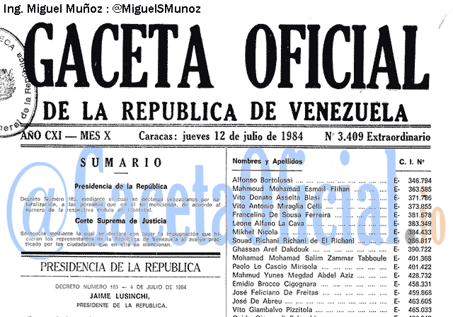 Gaceta Oficial 3409 del 12 Julio 1984