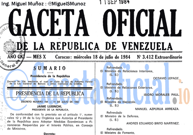 Gaceta Oficial 3412 del 18 Julio 1984
