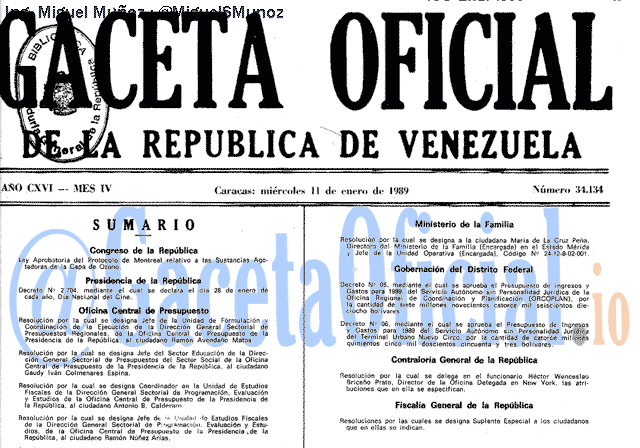 Gaceta Oficial 34134 del 11 Enero 1989