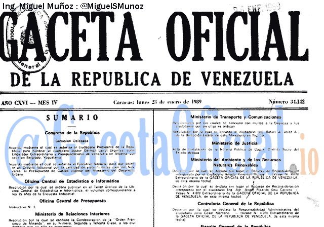 Gaceta Oficial 34142 del 23 Enero 1989