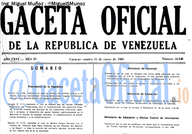 Gaceta Oficial 34148 del 31 Enero 1989