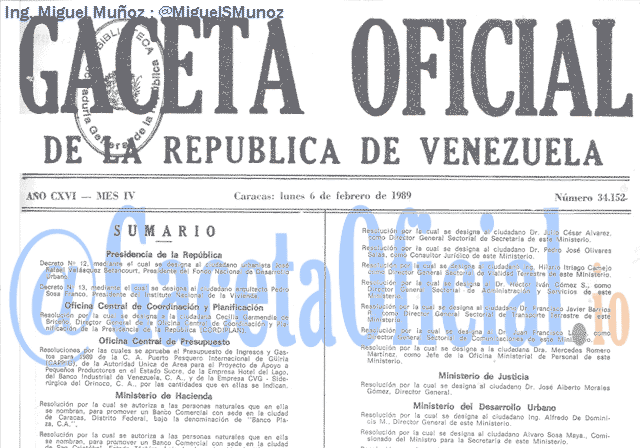 Gaceta Oficial 34152 del 6 Febrero 1989