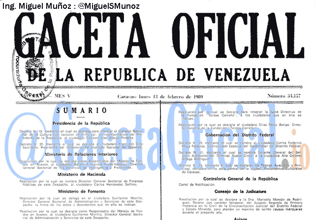 Gaceta Oficial 34157 del 13 Febrero 1989