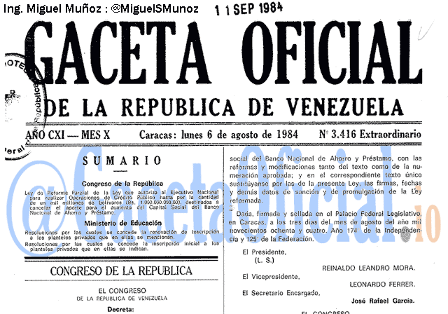 Gaceta Oficial 3416 del 6 Agosto 1984