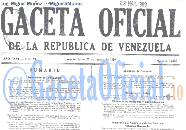 Gaceta Oficial 34185 del 27 Marzo 1989