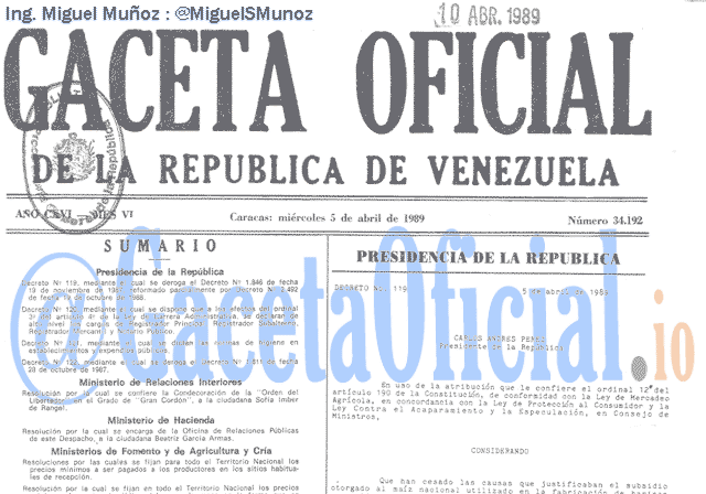 Gaceta Oficial 34192 del 5 Abril 1989
