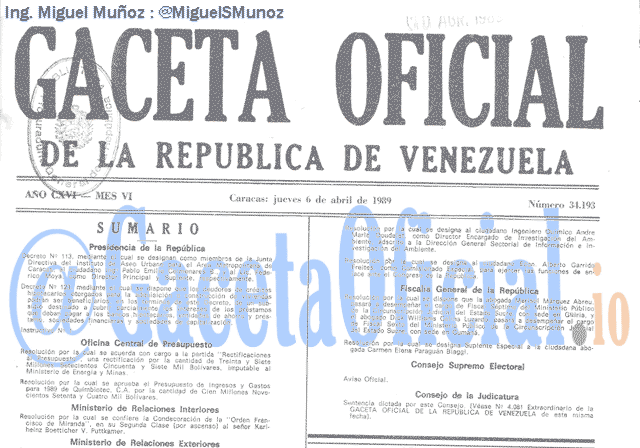Gaceta Oficial 34193 del 6 Abril 1989
